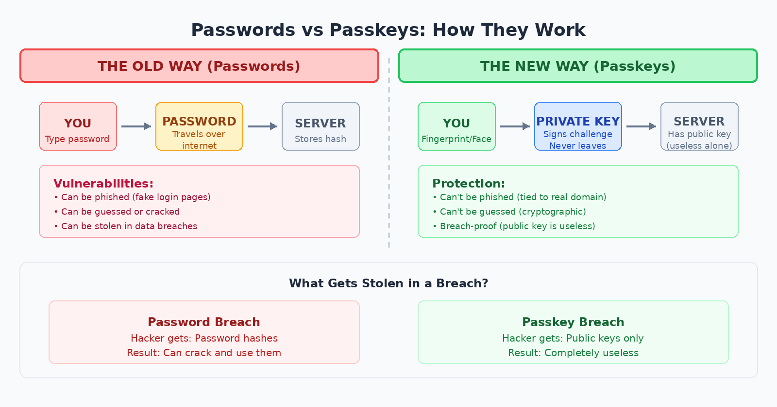 Comparison diagram showing passwords vs passkeys: passwords travel over the internet and can be stolen in breaches, while passkey private keys never leave your device making them phishing-resistant and breach-proof