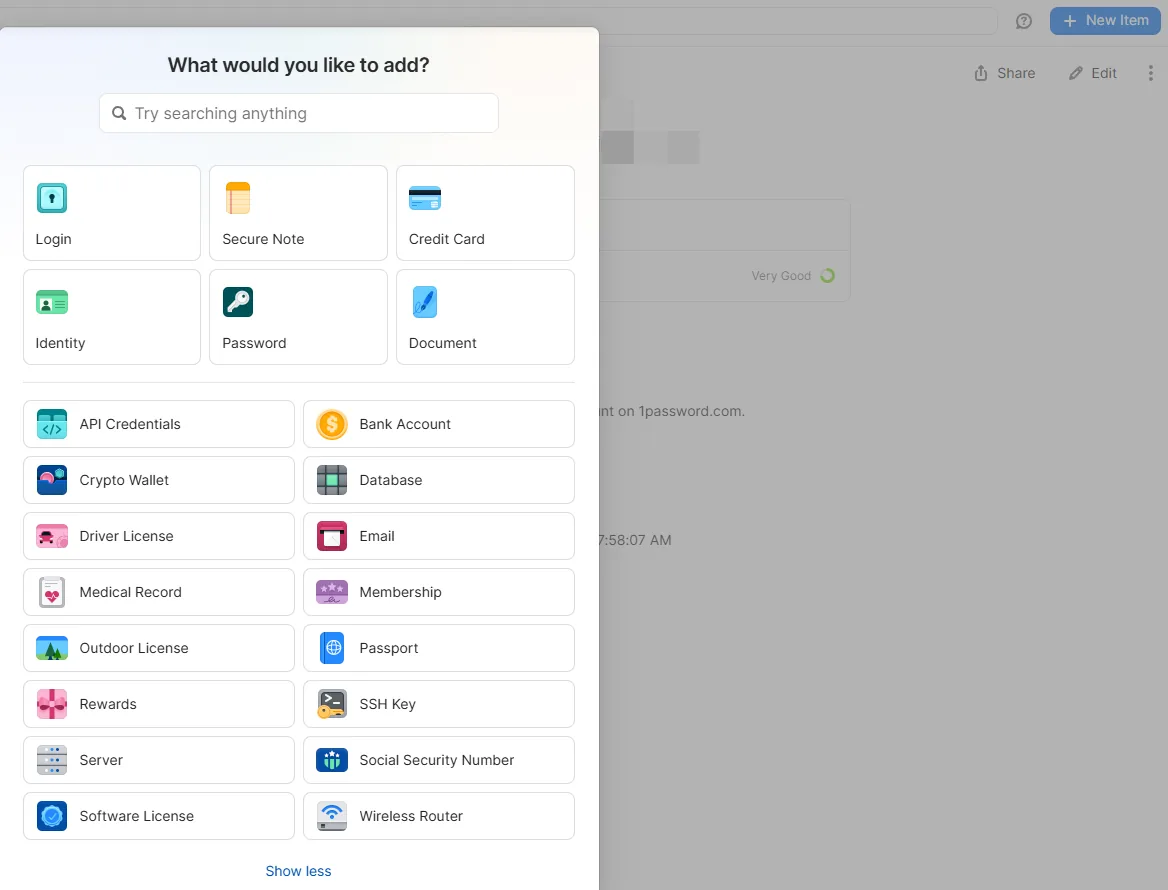 1Password item types  -  password manager comparison (1Password vs Bitwarden) including logins, credit cards, identities, secure notes, passports and more