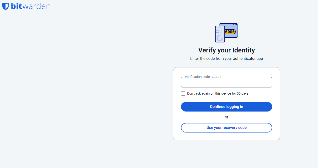 Bitwarden two-factor authentication screen requesting verification code from authenticator app