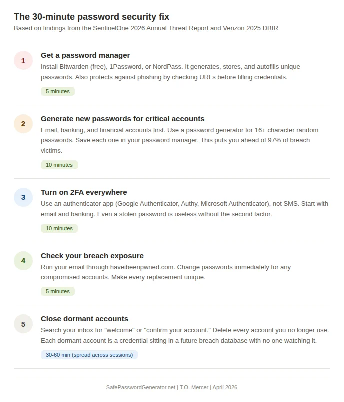 Step-by-step 30-minute password security guide by T.O. Mercer 2026: get a password manager, generate new passwords, enable 2FA, check breach exposure, close dormant accounts