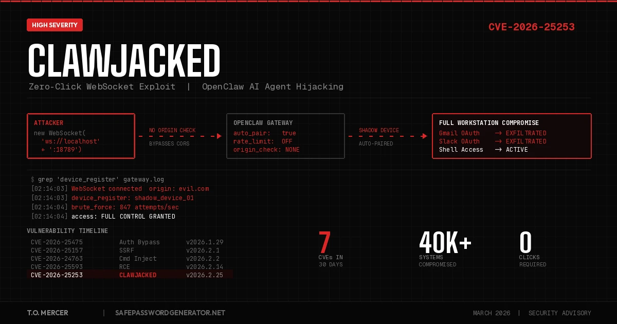 ClawJacked CVE-2026-25253 zero-click OpenClaw WebSocket hijack vulnerability