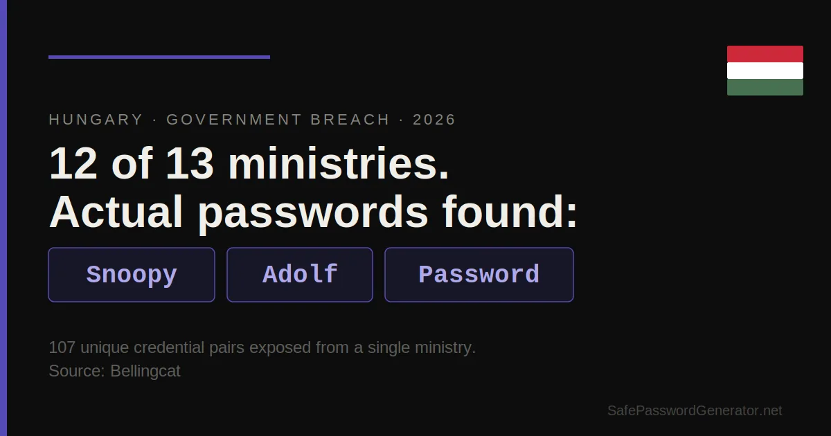 Infographic showing weak Hungarian government passwords Snoopy and Adolf found in breach databases 2026
