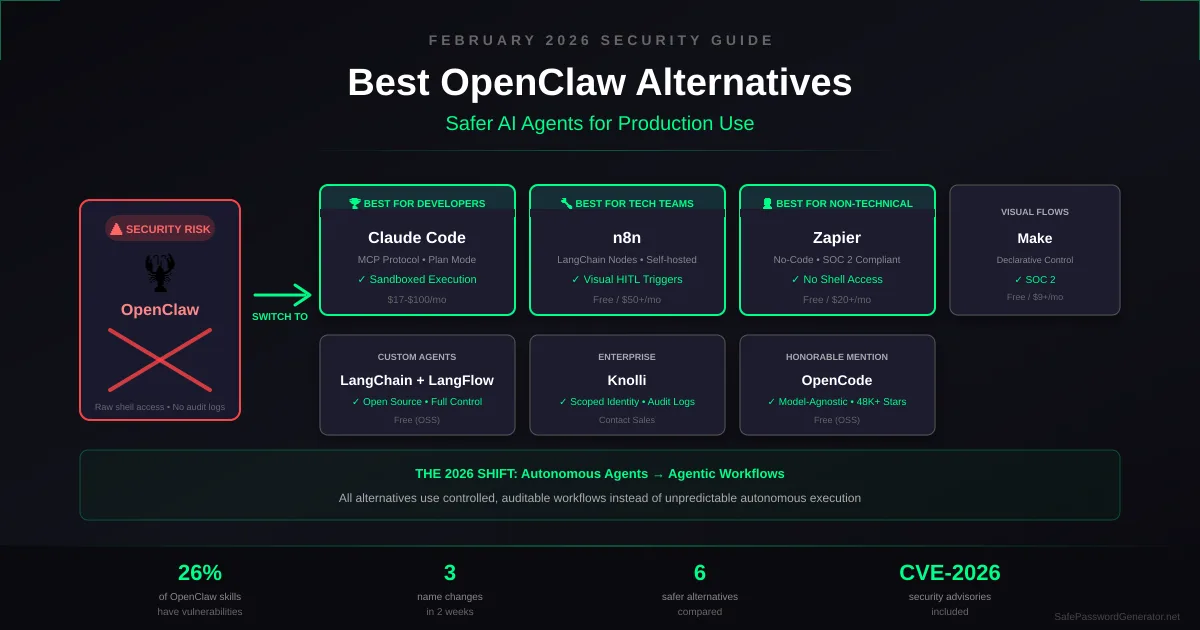 Best OpenClaw alternatives 2026 comparison showing Claude Code, n8n, Zapier, Make, LangChain, and Knolli as safer AI agent options