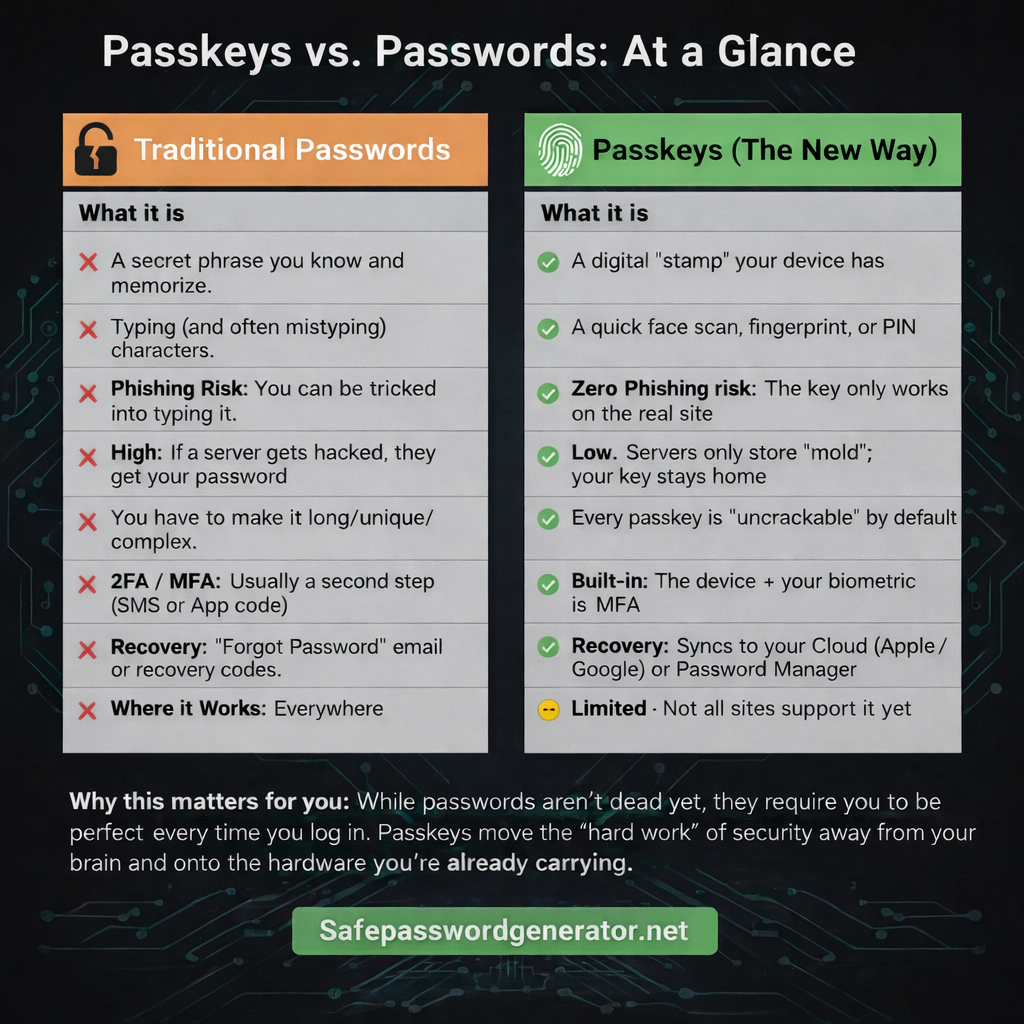 Infographic comparing passwords (old way) versus passkeys (new way) using wax seal analogy, showing phishing risk and fragile backups for passwords versus phishing proof and easy recovery for passkeys